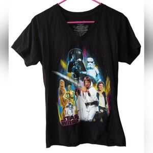 Disney Store Star Wars Women’s L V-Neck Tee | Black Original Cast T-Shirt